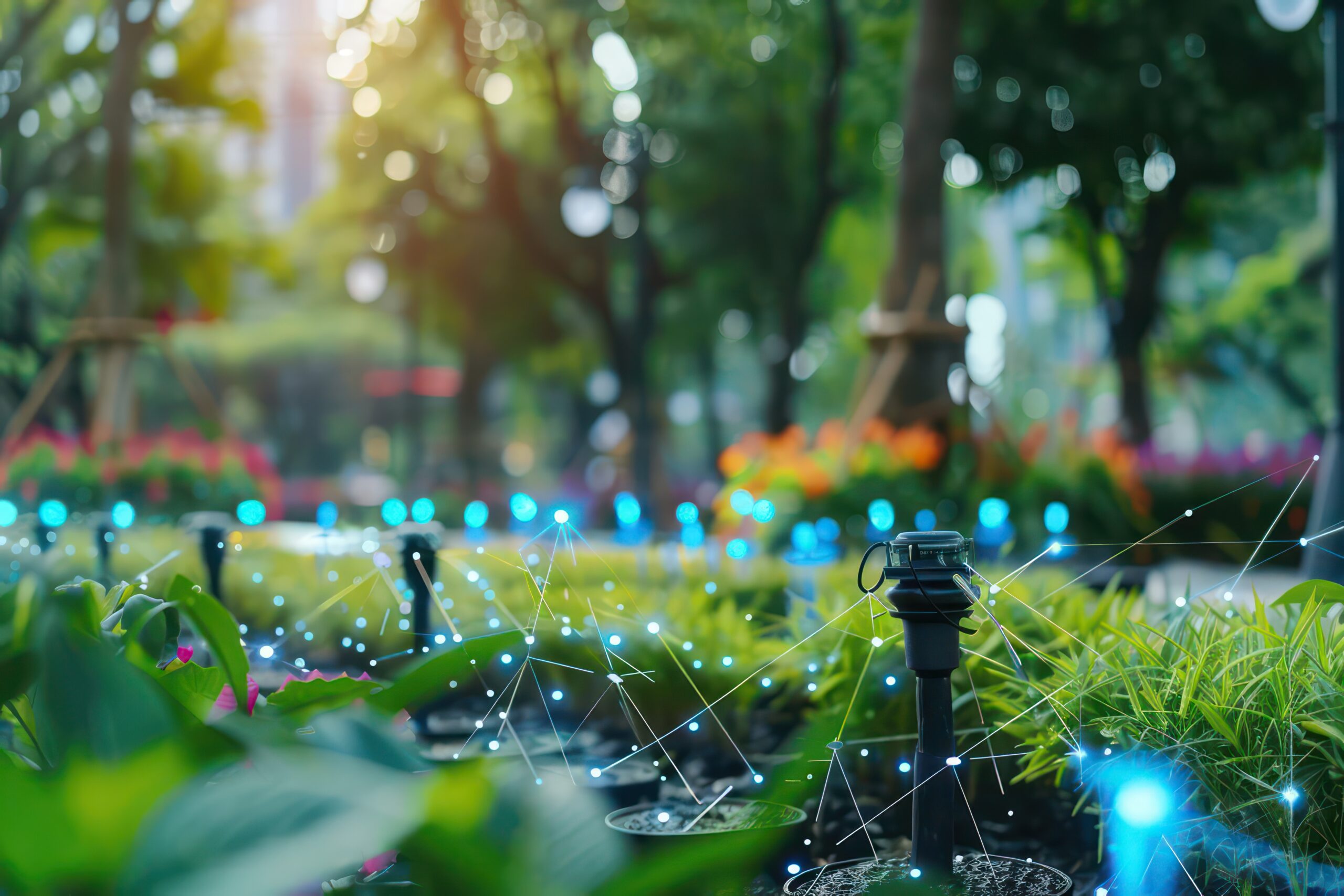 Closeup of a smart irrigation system with digital sensors in a futuristic park, with copy space